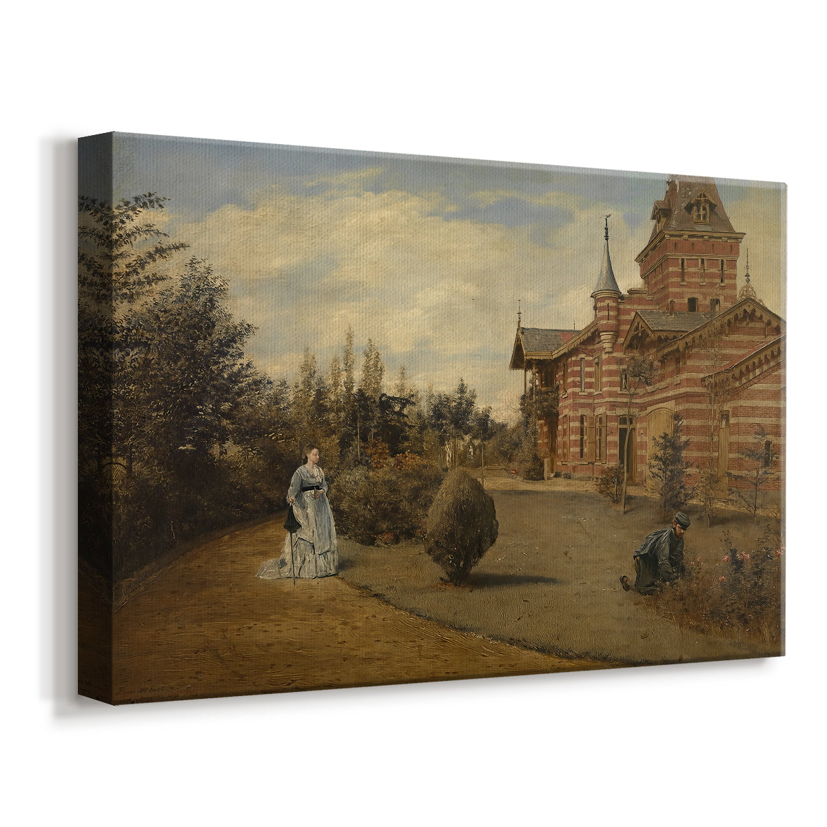 Canvas art print featuring an architectural scene showing residence in village setting, displayed at an angle