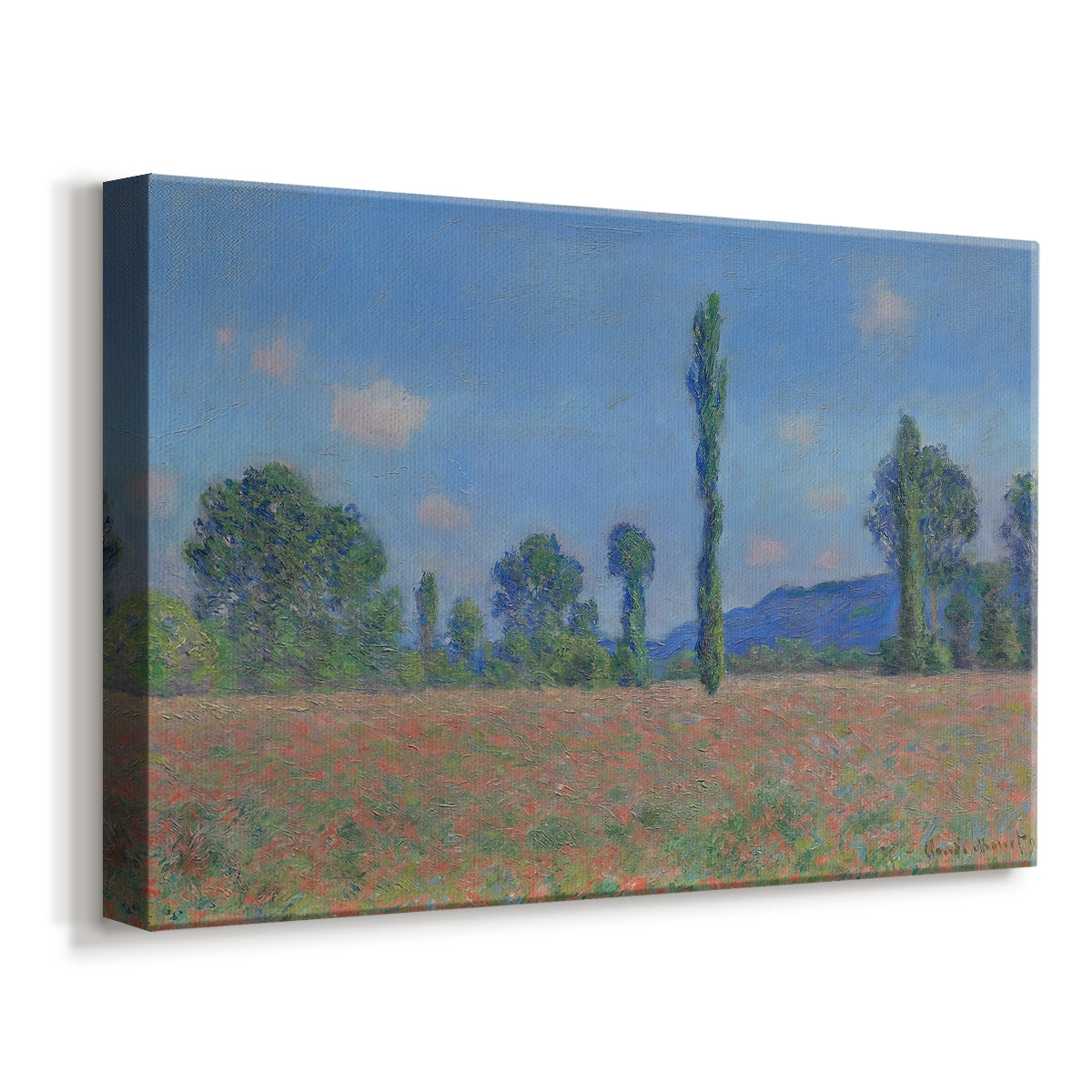 Canvas art print featuring an impressionist landscape of blooming poppies in countryside, displayed at an angle