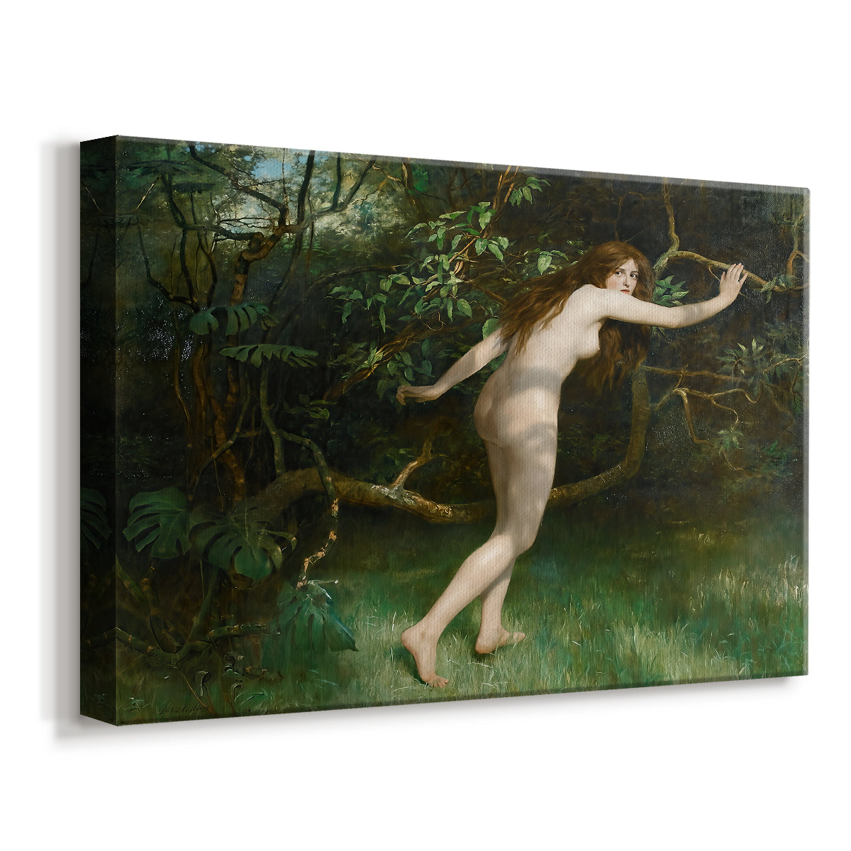Canvas art print featuring a classical depiction in garden-like environment, displayed at an angle