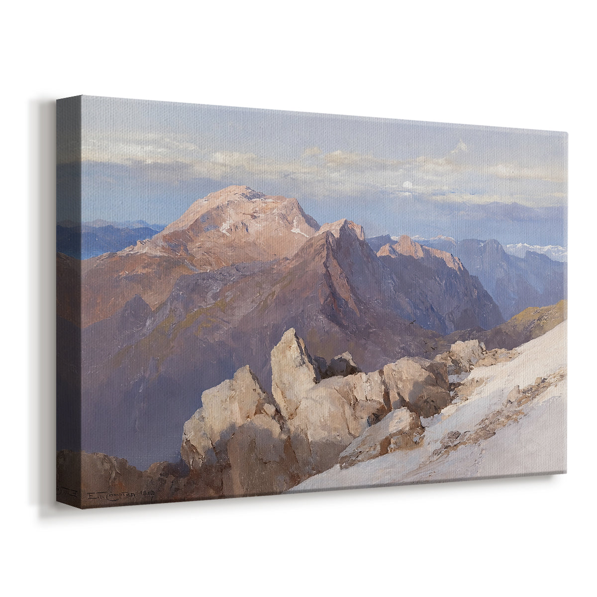Canvas art print featuring an alpine panorama showing layered peaks and valleys, displayed at an angle