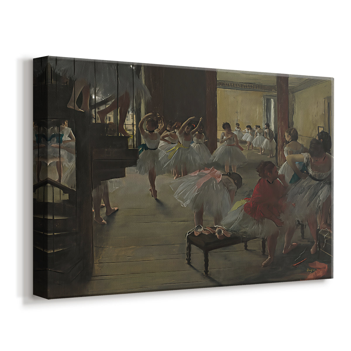 Canvas art print featuring a rehearsal scene with dancers stretching and posing indoors, displayed at an angle