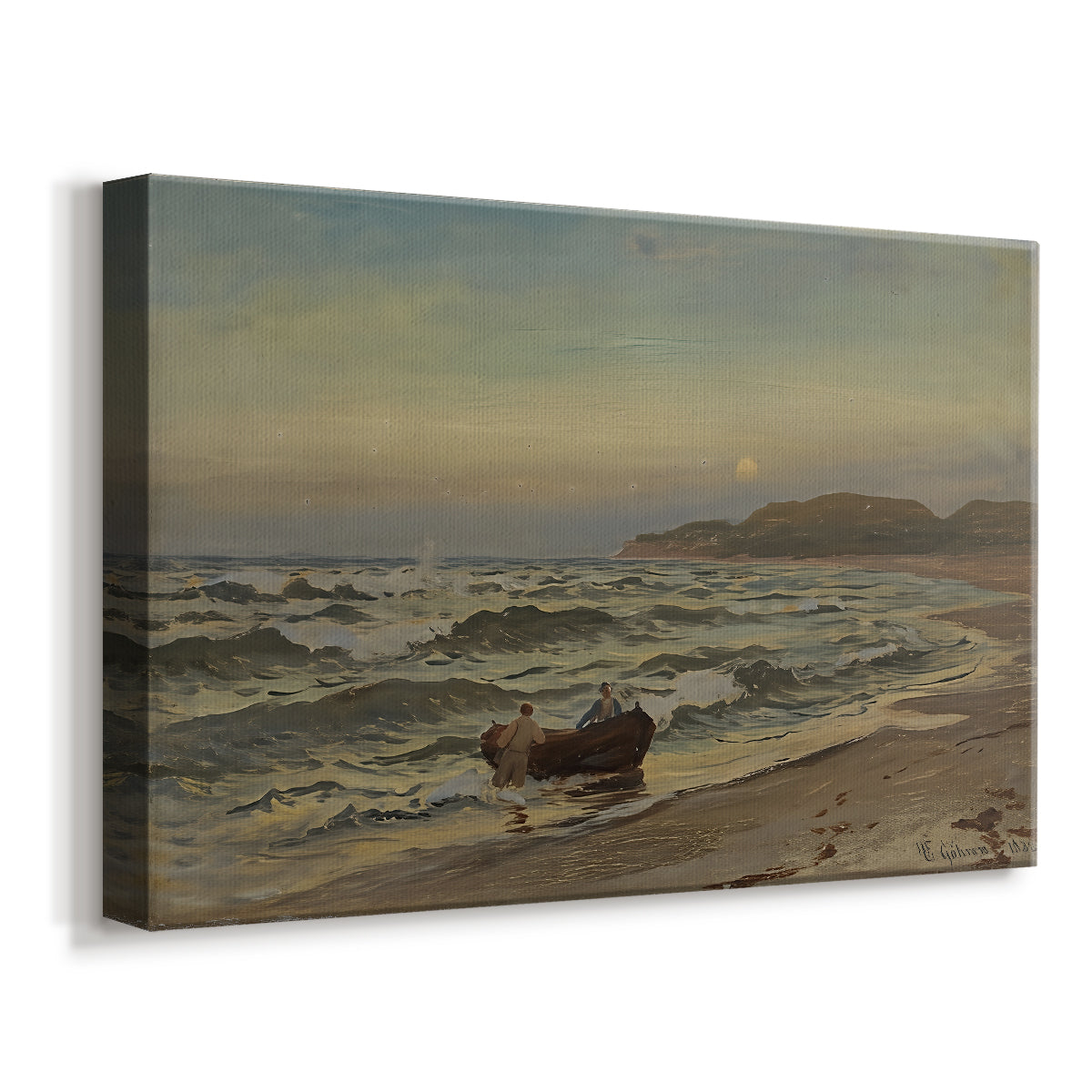 Canvas art print featuring a turbulent sea with strong wind and rough water near shoreline, displayed at an angle