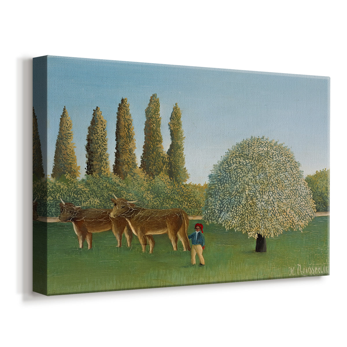 Canvas art print featuring a pastoral countryside with livestock scattered across field, displayed at an angle