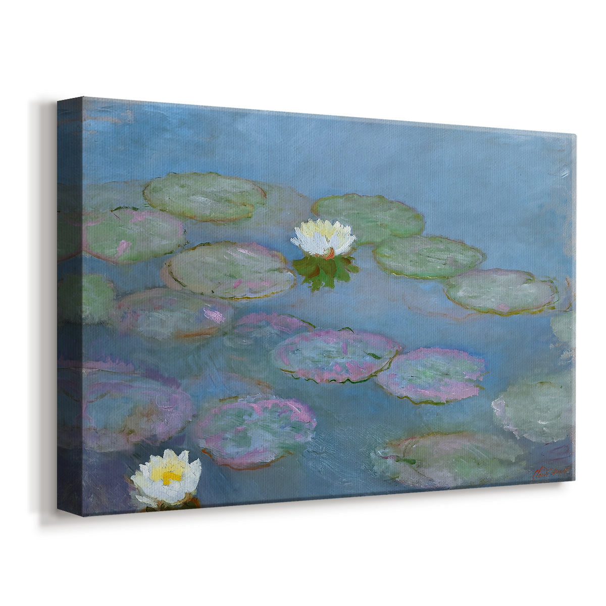 Canvas art print featuring an impressionist pond scene with lily pads and soft reflections, displayed at an angle
