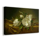 Canvas art print featuring a floral still life with pale flowers, displayed at an angle