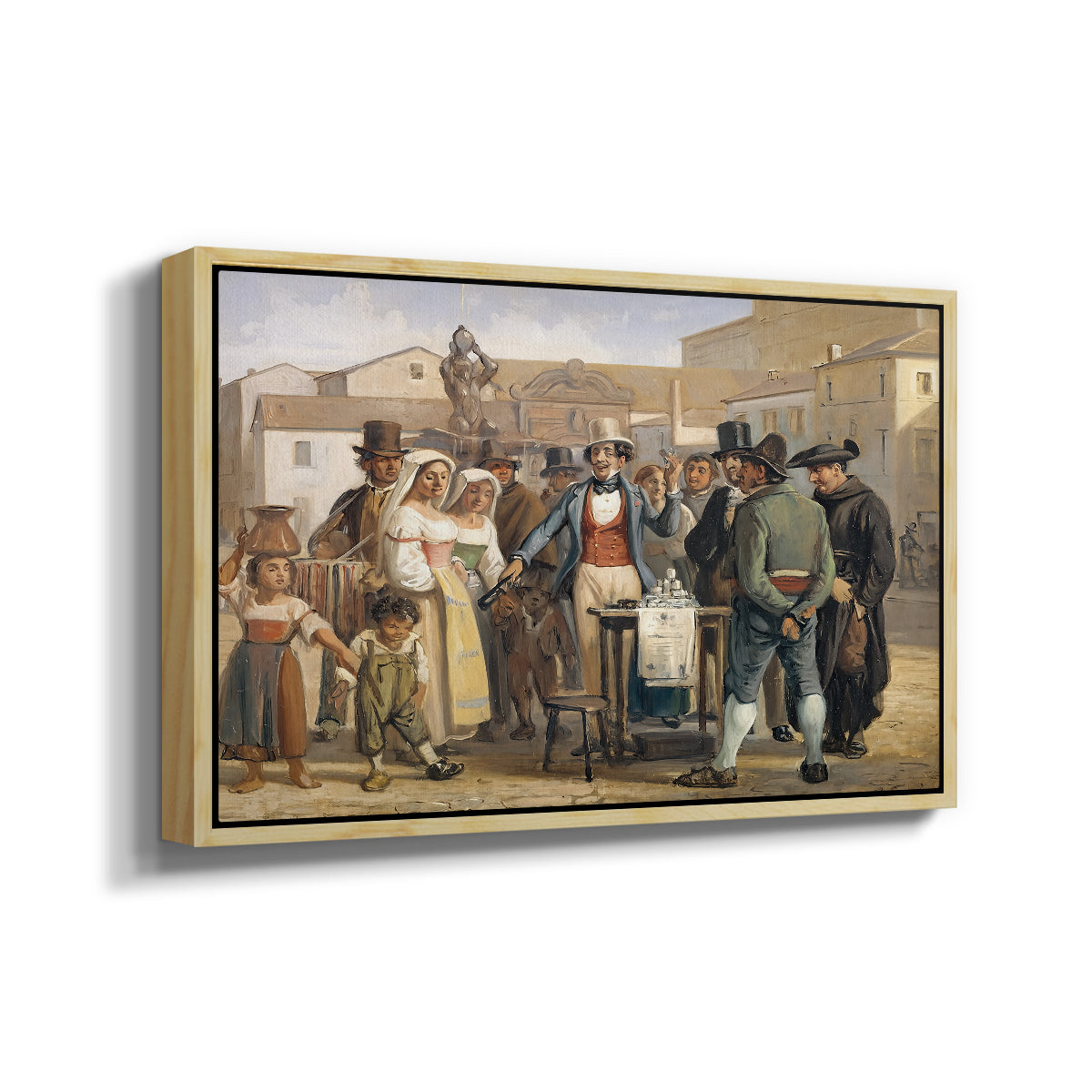 A Charlatan Selling Blacking in the Piazza Barberini in Rome, c. 1840-1849 - Floater Framed Canvas Print