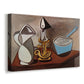 Canvas art print featuring a geometric still life with layered objects, displayed at an angle