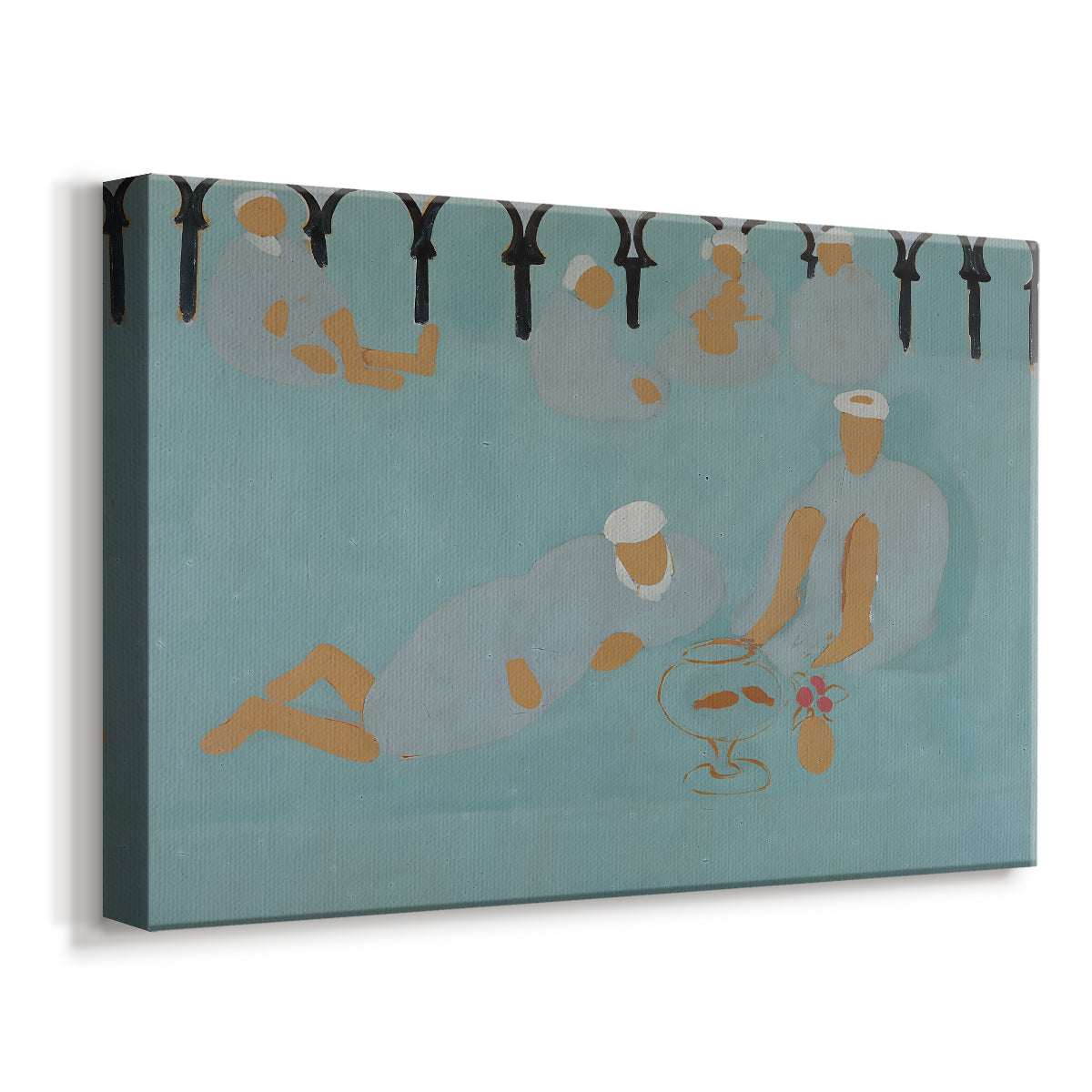 Canvas art print featuring an expressive depiction of people gathered in cafÃ© setting, displayed at an angle
