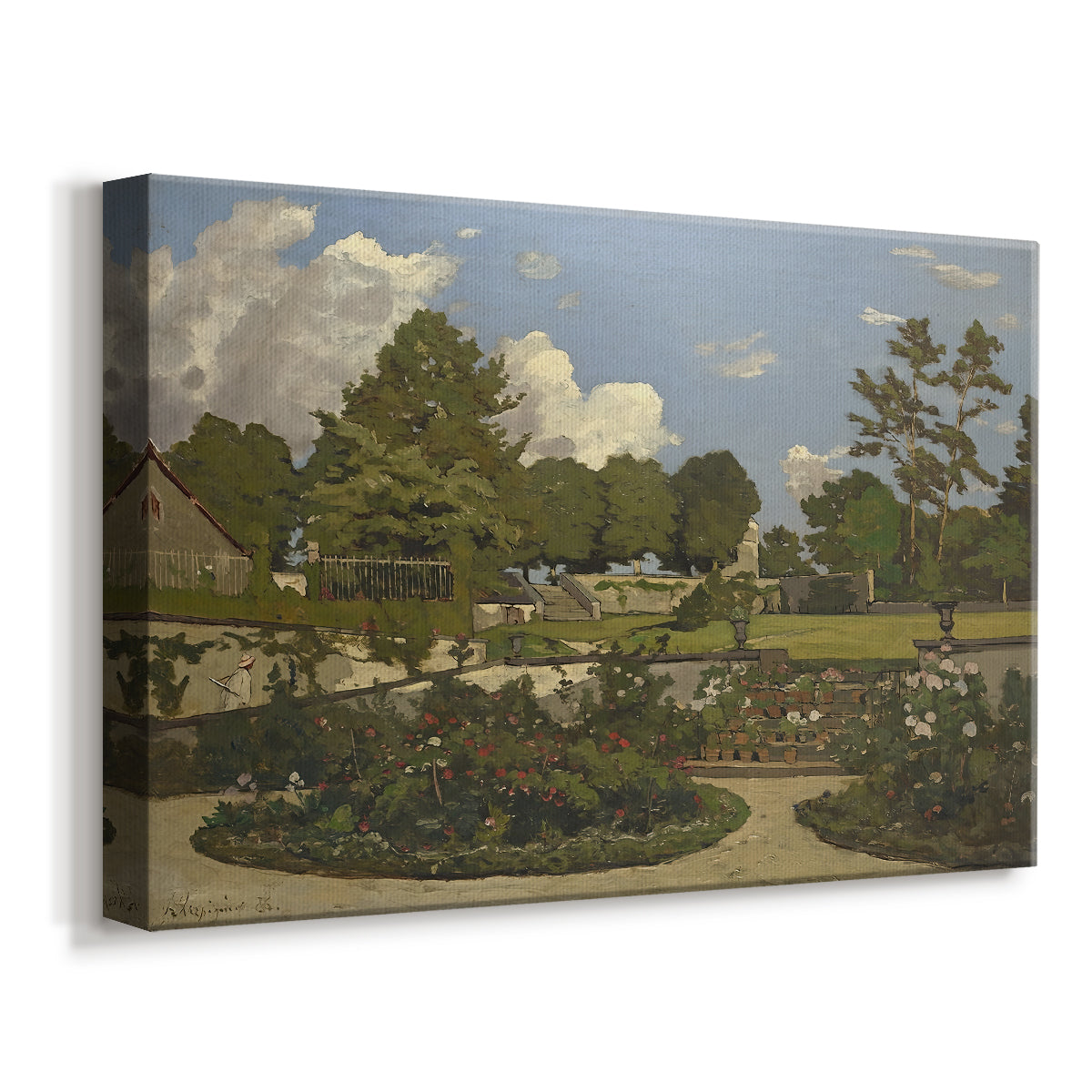 Canvas art print featuring a French countryside garden with greenery and reflections, displayed at an angle