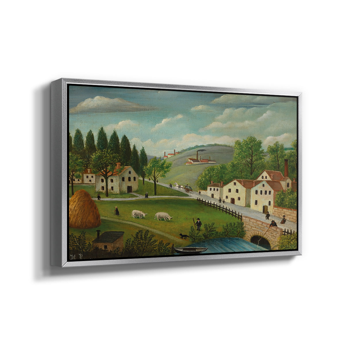 Pastoral Landscape with Stream, Fisherman and Strollers, 1875-1880 - Floater Framed Canvas Print