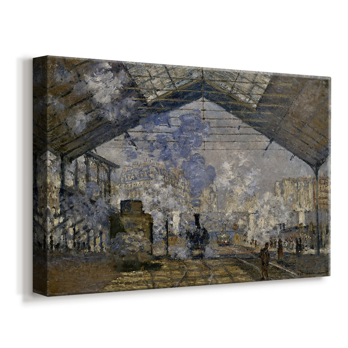 Canvas art print featuring an impressionist scene of trains and smoke inside busy railway station, displayed at an angle