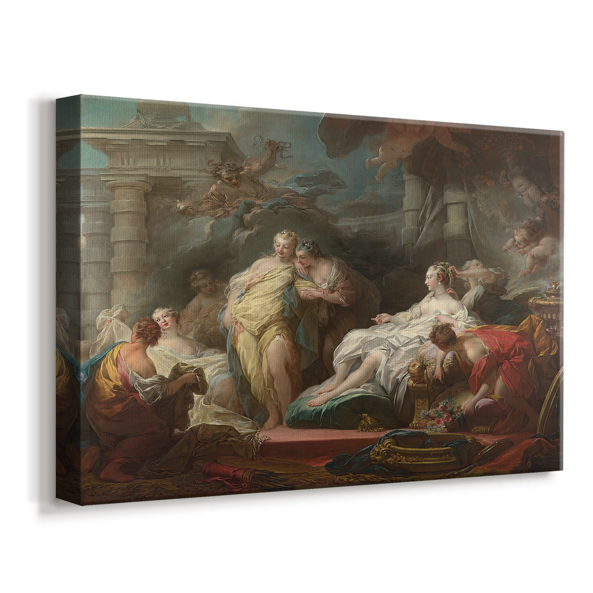 Canvas art print featuring a Rococo scene of figures interacting in decorative interior, displayed at an angle
