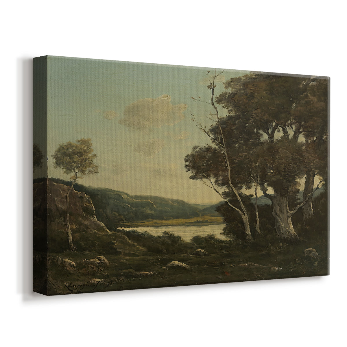 Canvas art print featuring a pastoral scene with natural terrain and gentle light, displayed at an angle