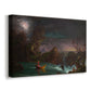 Canvas art print featuring a lone figure navigating river through dramatic landscape under dark sky, displayed at an angle