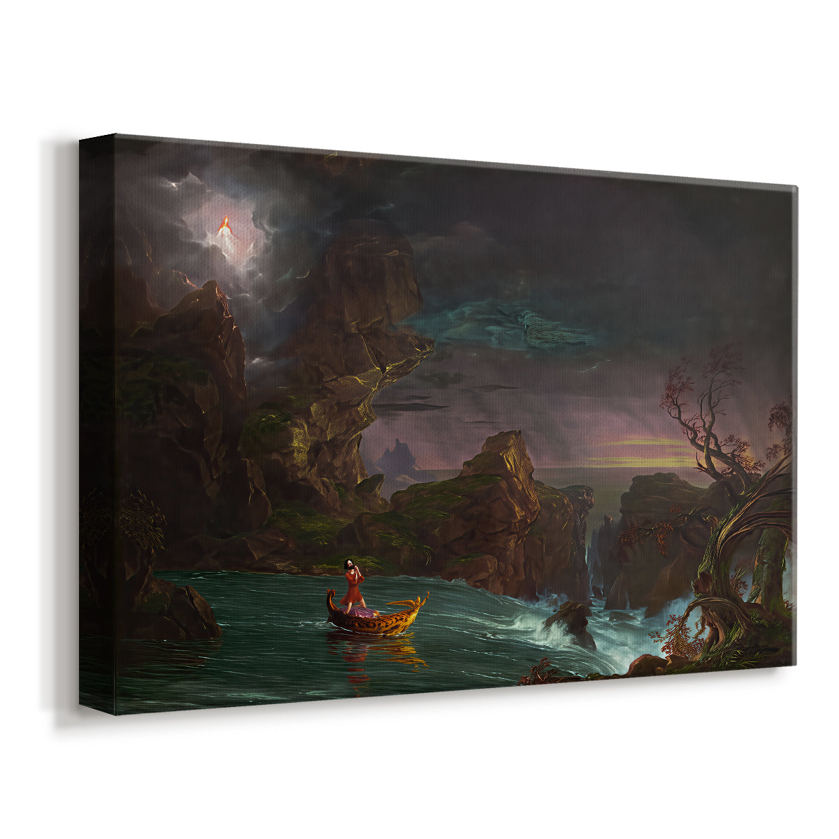 Canvas art print featuring a lone figure navigating river through dramatic landscape under dark sky, displayed at an angle