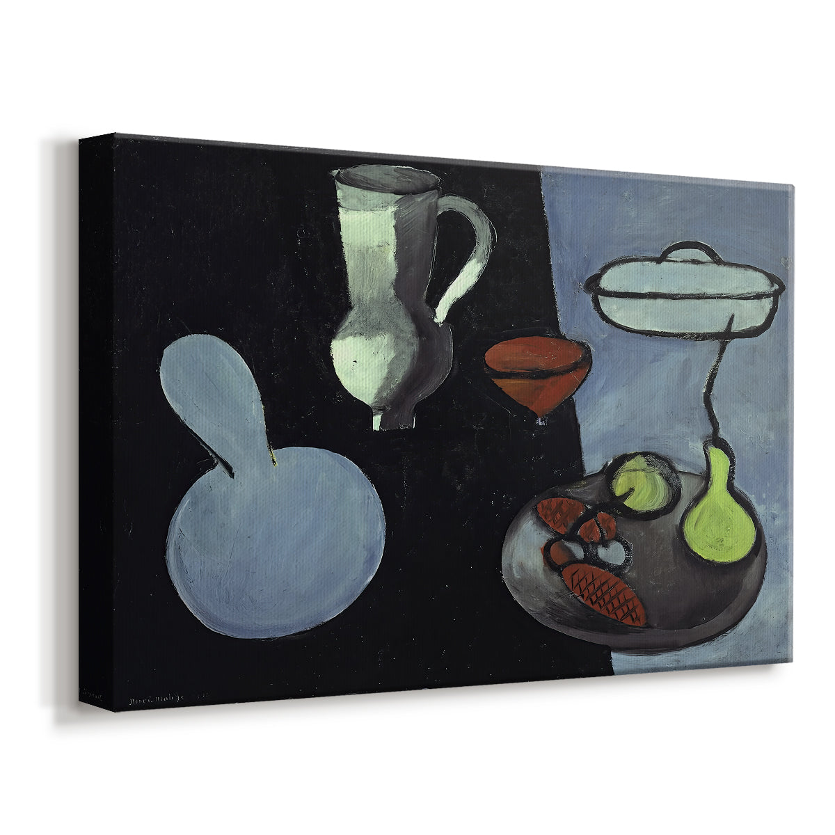 Canvas art print featuring a simplified still life of gourds in a modern setting, displayed at an angle