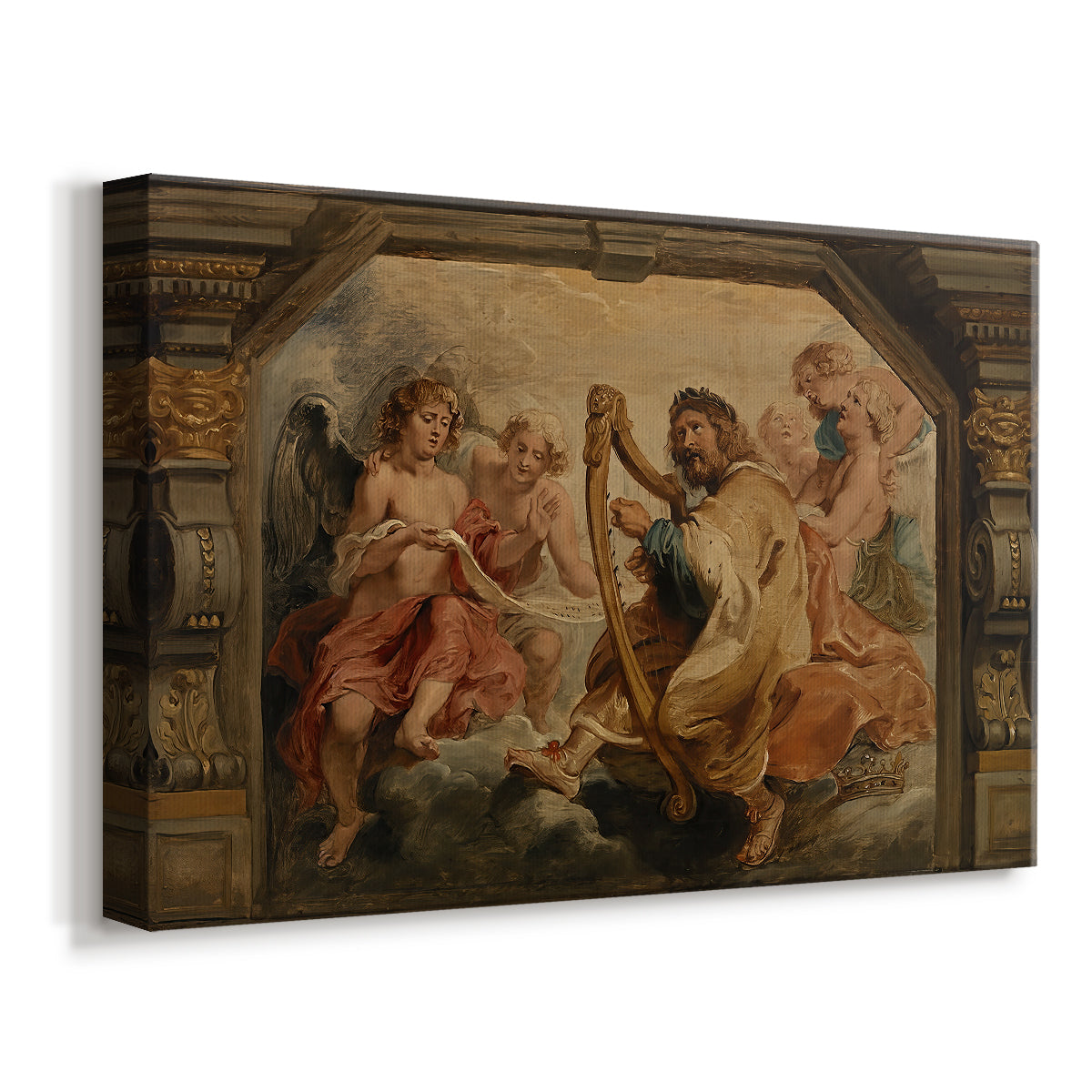 Canvas art print featuring a biblical music scene and gathered figures, displayed at an angle