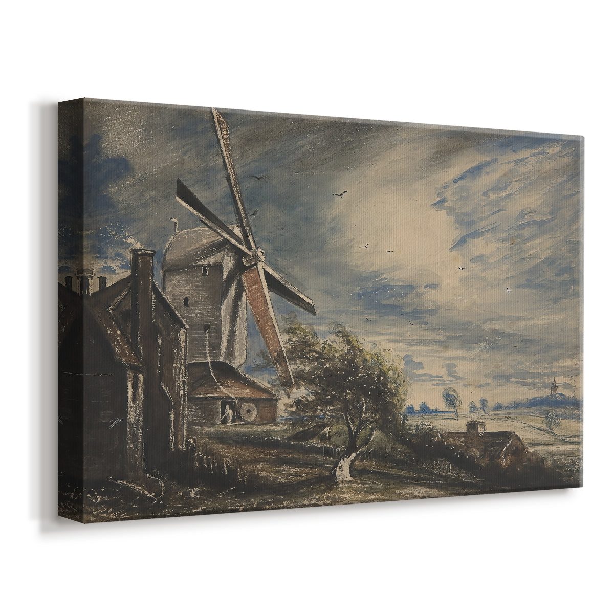 Canvas art print featuring a pastoral scene with mill and countryside, displayed at an angle