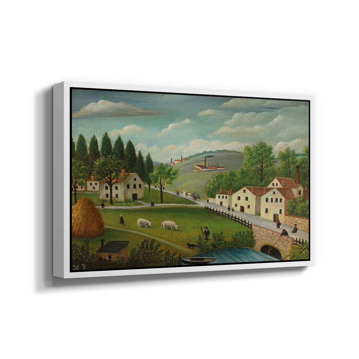 Pastoral Landscape with Stream, Fisherman and Strollers, 1875-1880 - Floater Framed Canvas Print