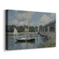 Canvas art print featuring an impressionist river scene with bridge and boats beneath open sky, displayed at an angle