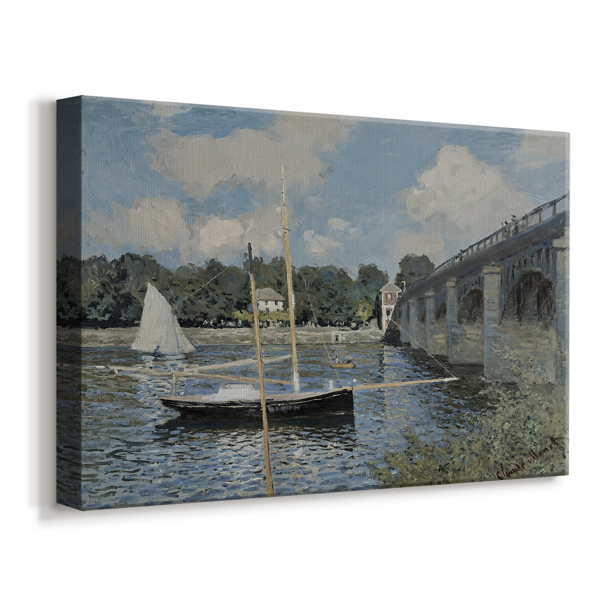 Canvas art print featuring an impressionist river scene with bridge and boats beneath open sky, displayed at an angle