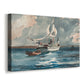 Canvas art print featuring a nautical scene with white sail cutting across calm sea, displayed at an angle