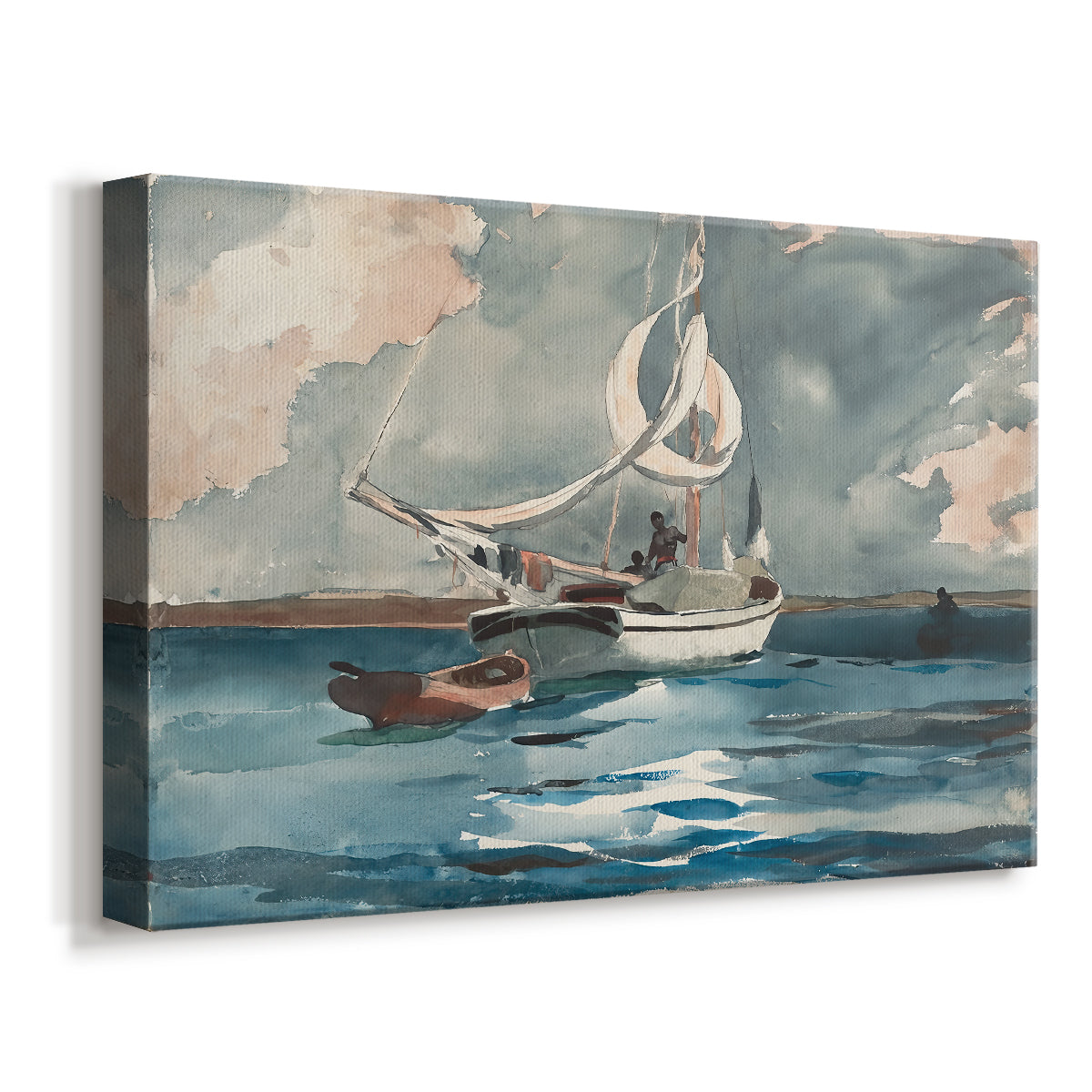 Canvas art print featuring a nautical scene with white sail cutting across calm sea, displayed at an angle