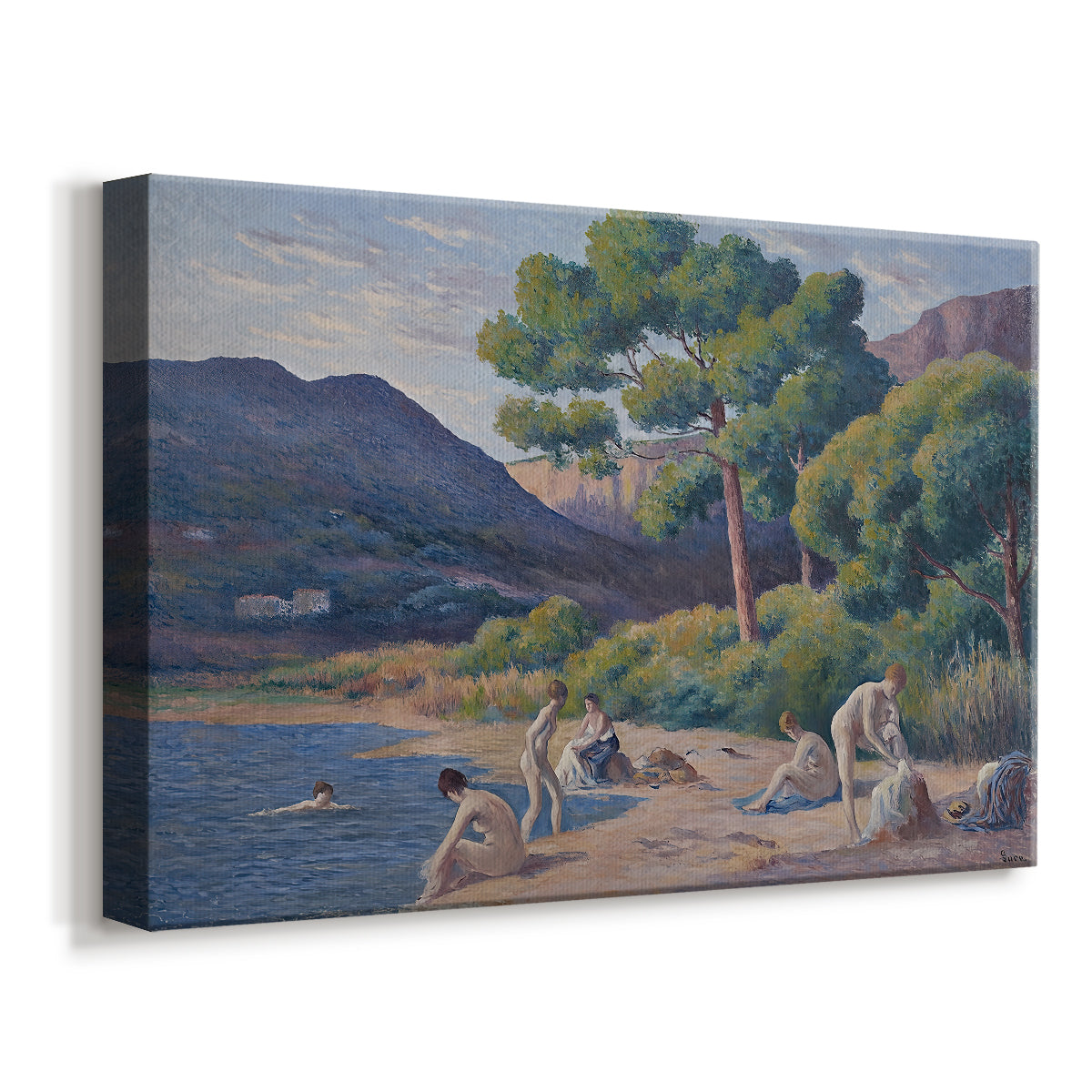 Canvas art print featuring a pointillist beach scene with people in water, displayed at an angle