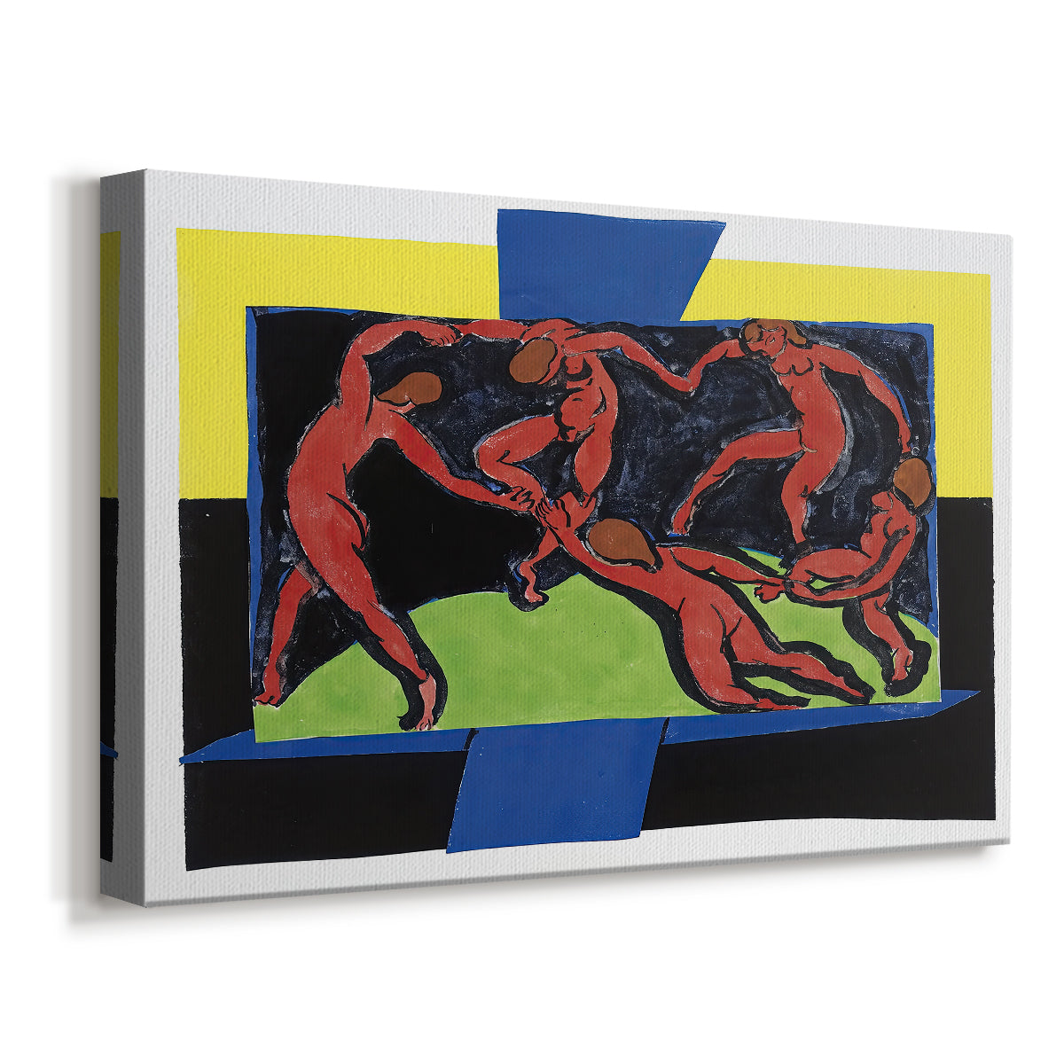 Canvas art print featuring an expressive scene of dancers forming ring with simplified forms, displayed at an angle