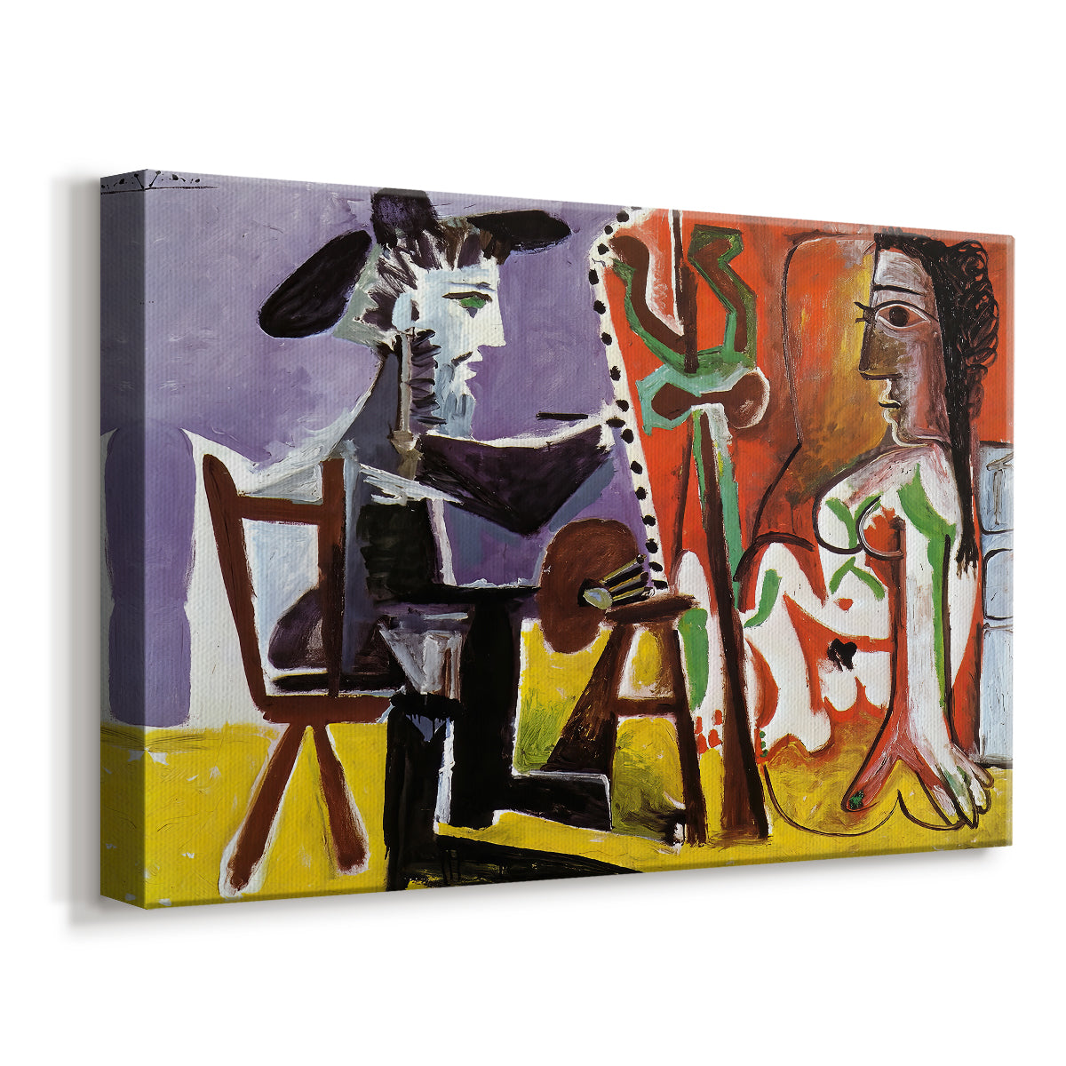 Canvas art print featuring a cubist scene showing interaction, displayed at an angle