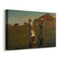 Canvas art print featuring a rural scene with people conversing in grassy landscape, displayed at an angle