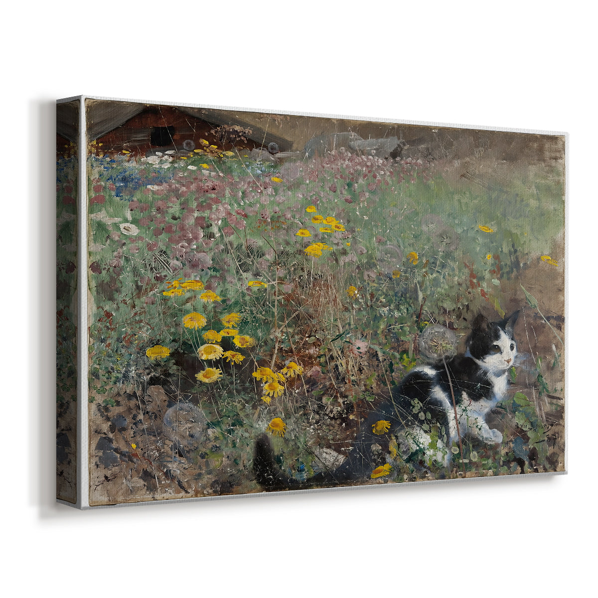 Canvas art print featuring a small cat resting among colorful flowers in grassy field, displayed at an angle