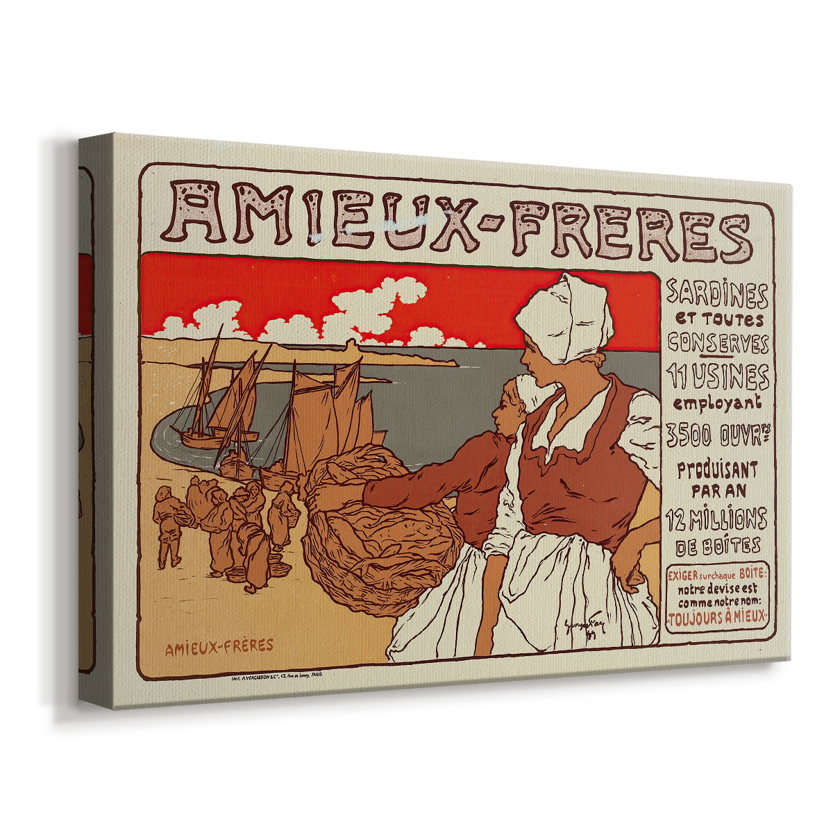 Canvas art print featuring a colorful poster design featuring stylized people and ornate lettering, displayed at an angle