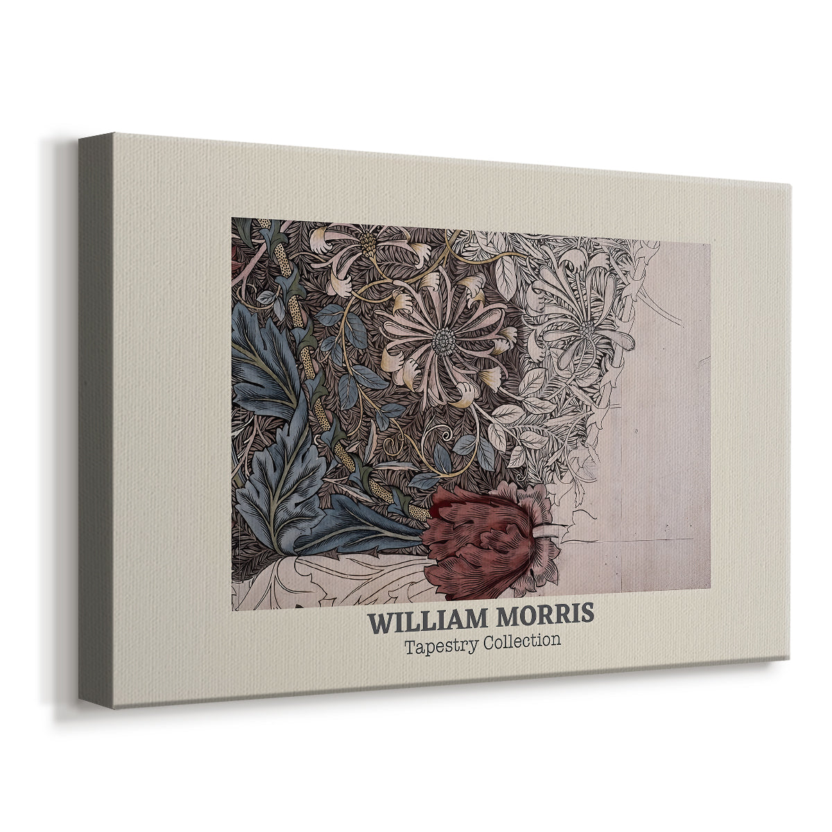 Canvas art print featuring a decorative floral pattern with looping stems and layered foliage, displayed at an angle