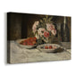 Canvas art print featuring a food still life featuring fruit and drink in elegant composition, displayed at an angle