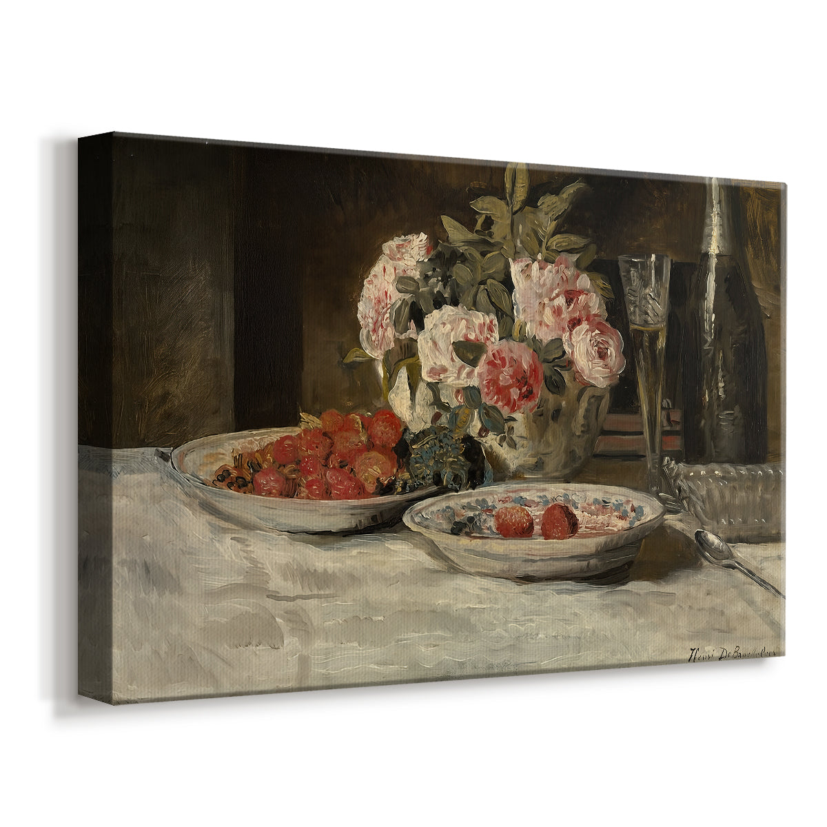 Canvas art print featuring a food still life featuring fruit and drink in elegant composition, displayed at an angle