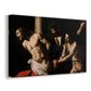 Canvas art print featuring a dramatic religious scene of Christ enduring flagellation in dark interior, displayed at an angle