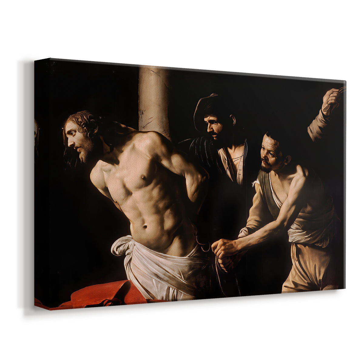 Canvas art print featuring a dramatic religious scene of Christ enduring flagellation in dark interior, displayed at an angle