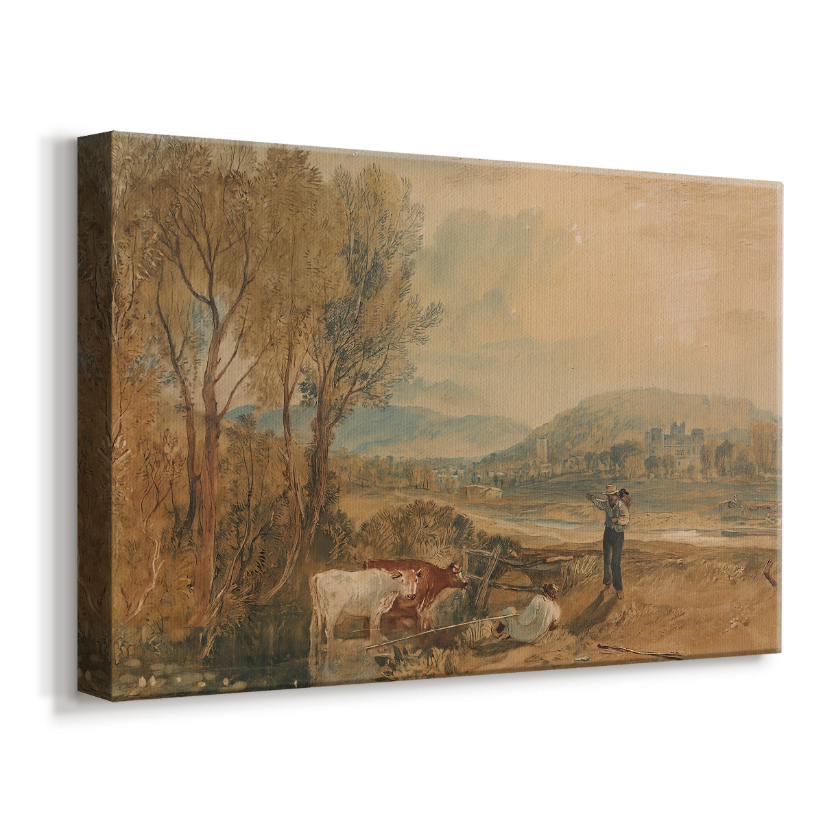 Canvas art print featuring an architectural landmark in rural terrain, displayed at an angle