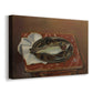 Canvas art print featuring a still life featuring a bream on a cloth-covered surface, displayed at an angle