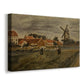 Canvas art print featuring an agricultural setting with figures engaged in harvest activity, displayed at an angle