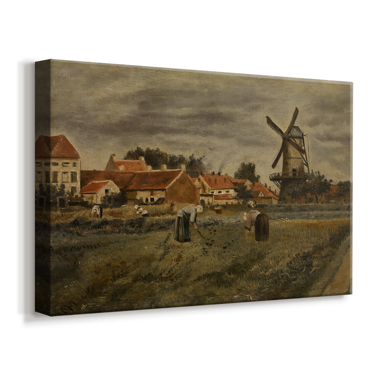 Canvas art print featuring an agricultural setting with figures engaged in harvest activity, displayed at an angle