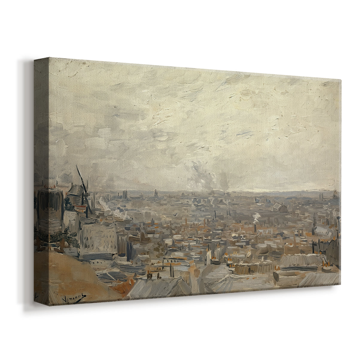 Canvas art print featuring a cityscape seen from hillside with layered structures, displayed at an angle