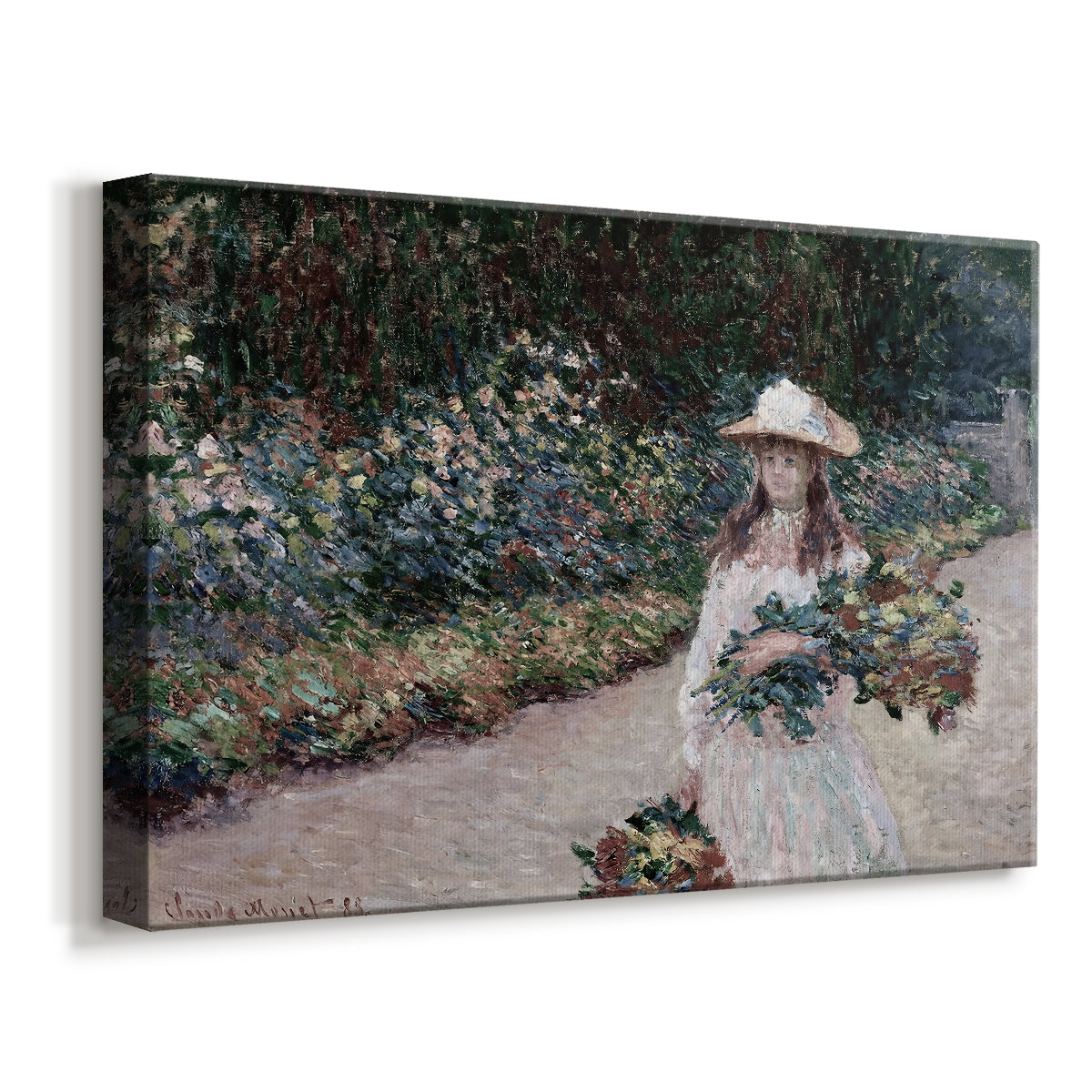 Canvas art print featuring an impressionist garden scene with child among greenery and blossoms, displayed at an angle