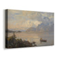 Canvas art print featuring an expansive water scene with distant peaks and soft light, displayed at an angle