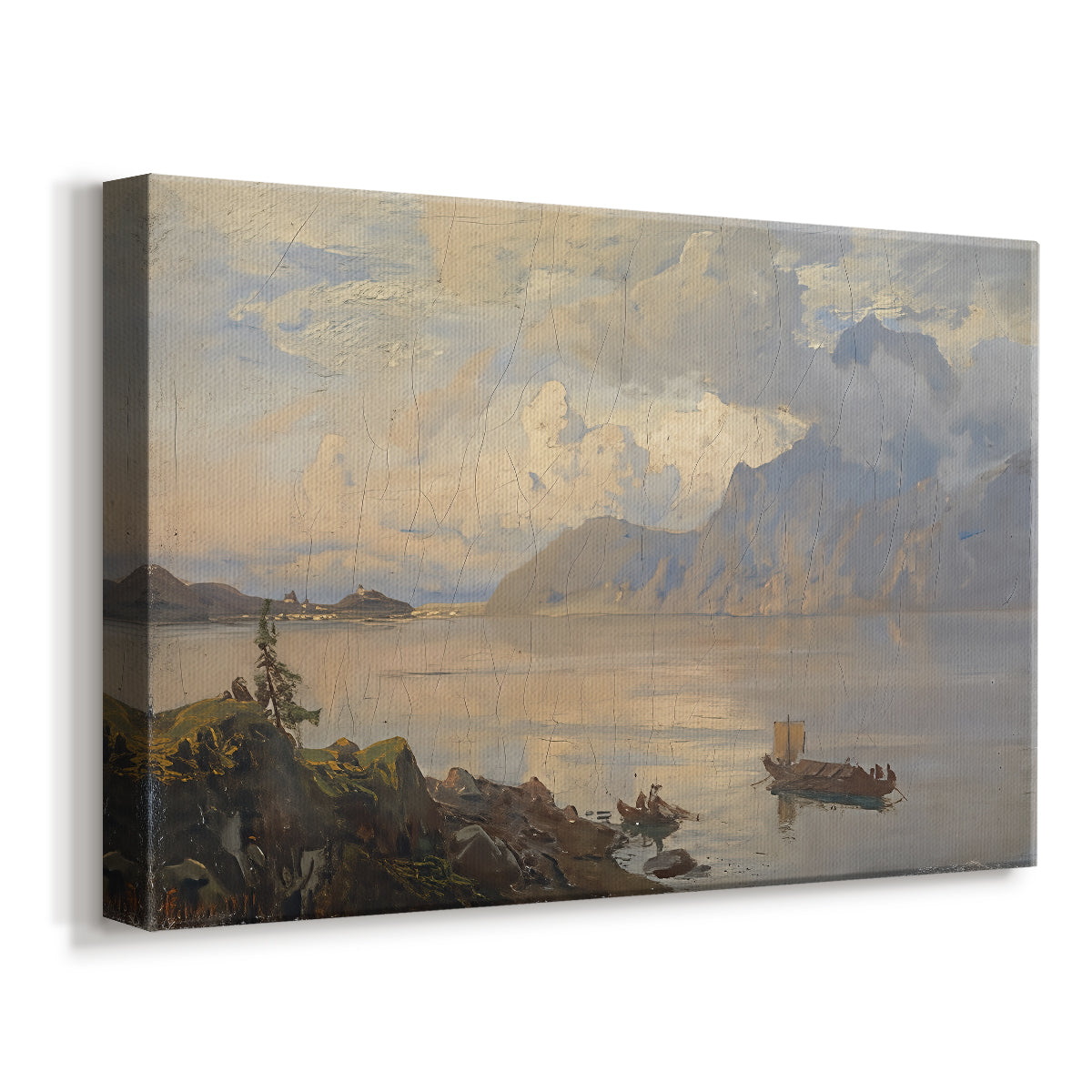 Canvas art print featuring an expansive water scene with distant peaks and soft light, displayed at an angle
