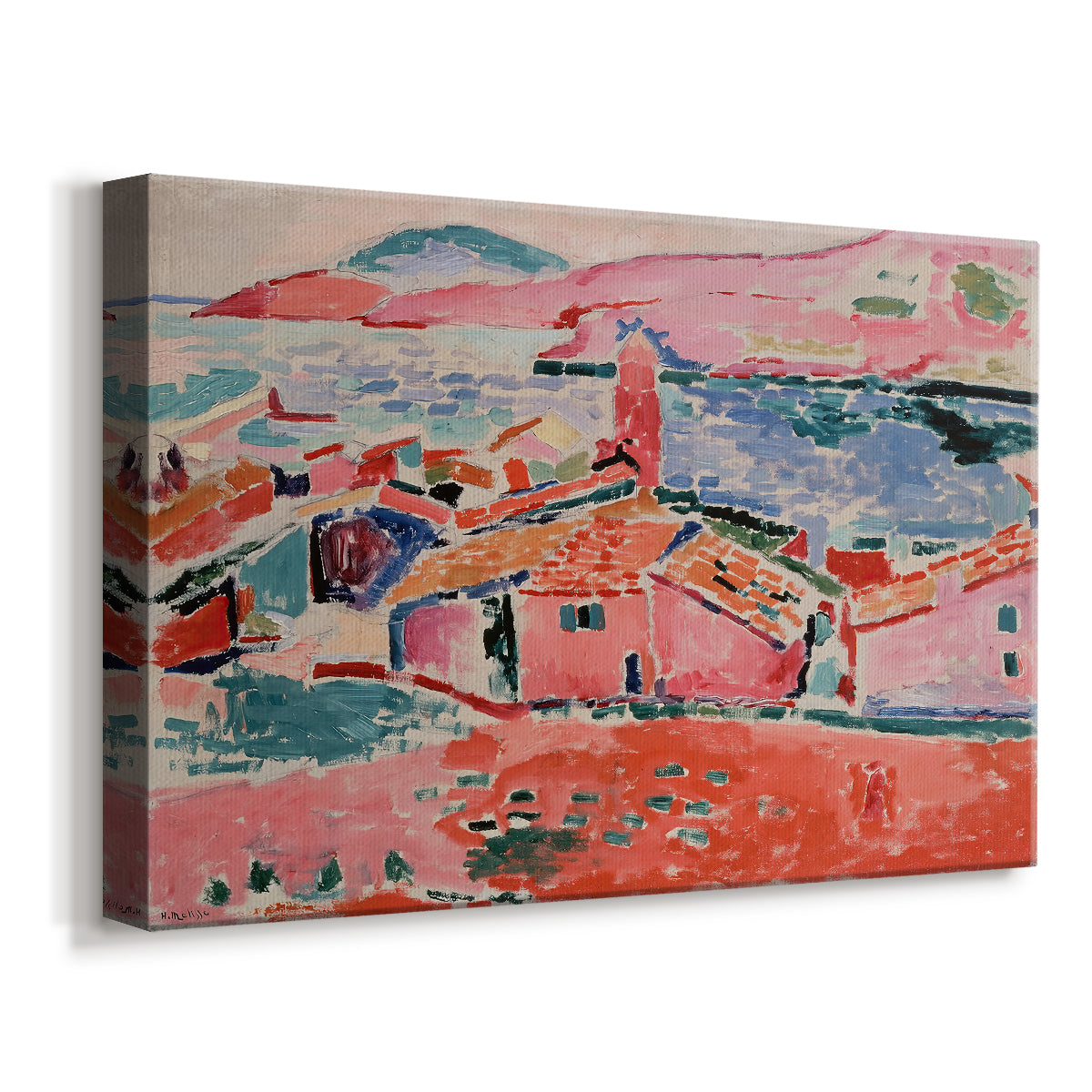 Canvas art print featuring an expressive view of Collioure with sea and clustered houses, displayed at an angle