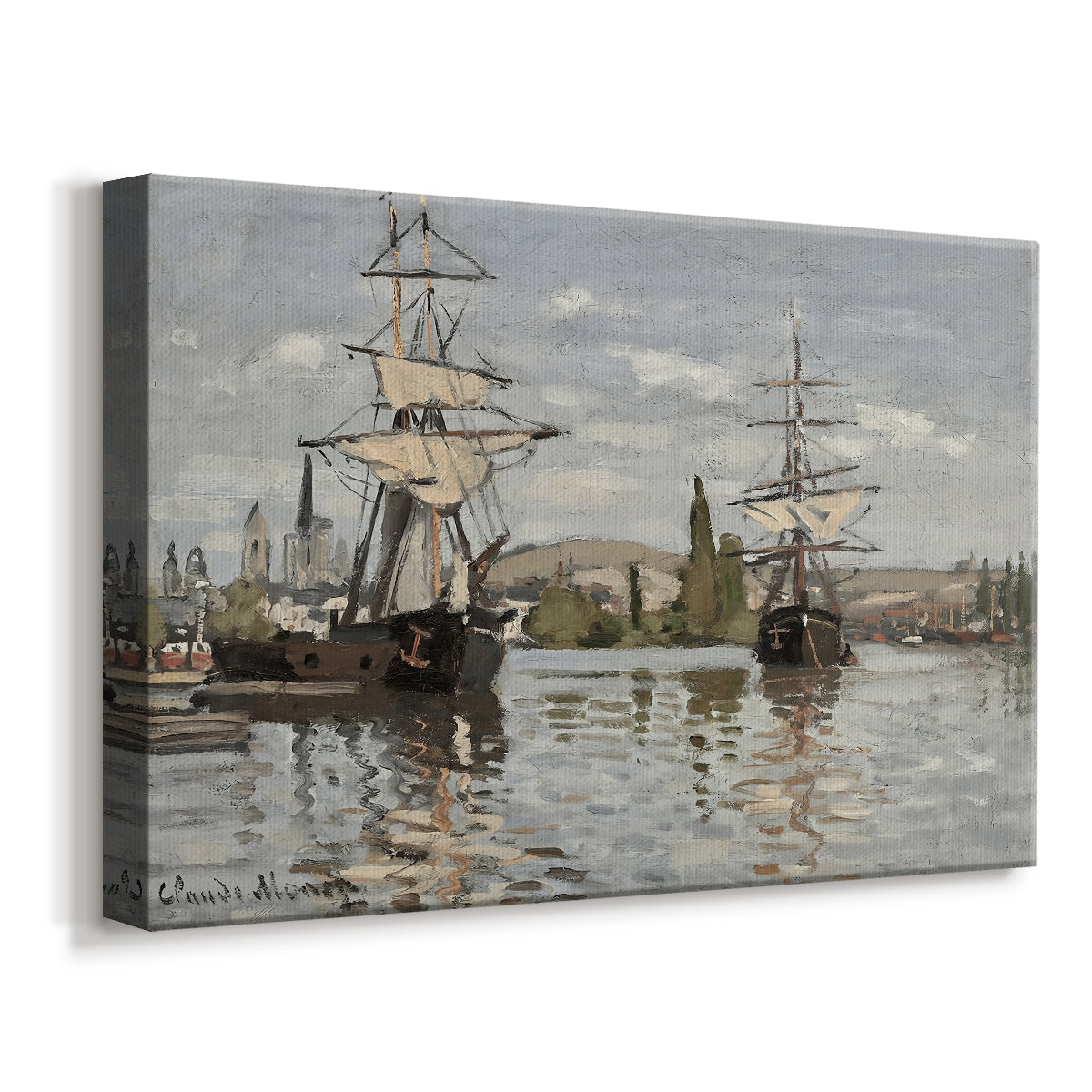 Canvas art print featuring an impressionist river scene with anchored sailing ships and reflections, displayed at an angle