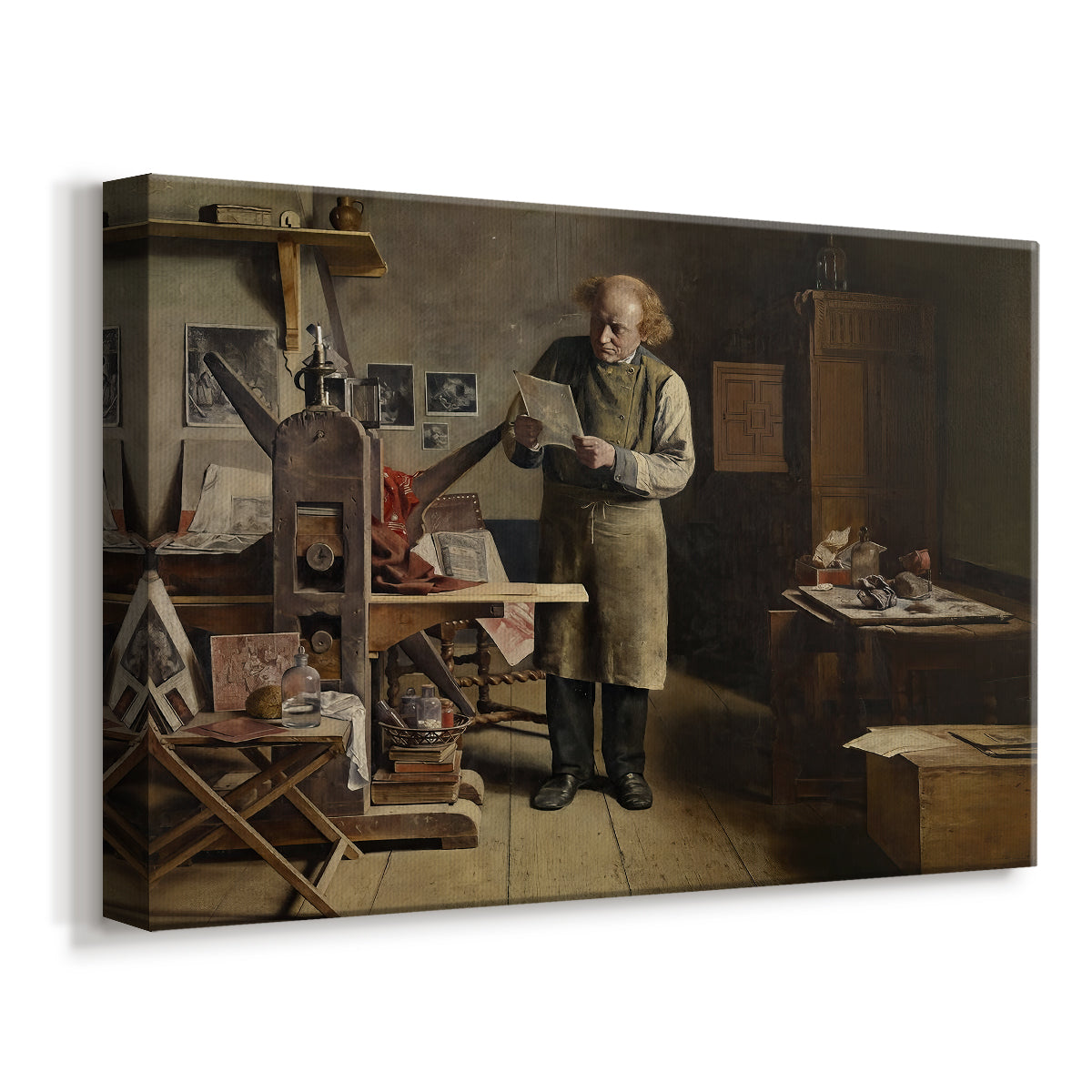 Canvas art print featuring a craftsman operating printing equipment in studio setting, displayed at an angle