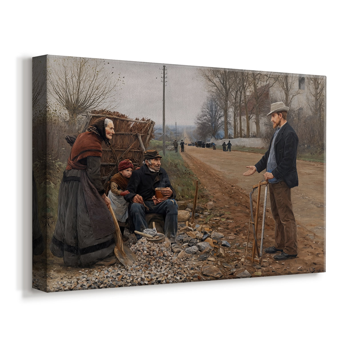 Canvas art print featuring a countryside scene with figures standing beside path, displayed at an angle